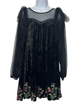Umgee Black Velvet Embroidered Dress Sheer Polka Dot Sleeves Boho Babydoll Tunic